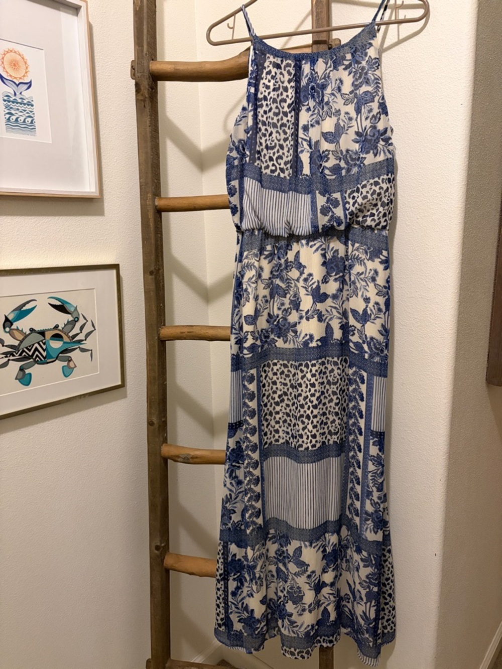 TACERA Blue & White Floral Print Maxi Dress - Sleeveless Summer Dress - Size PM
